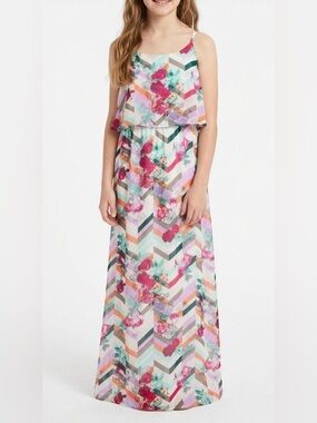 Cato Girls Large 14/16 Floral Chevron Layered Maxi Dress w Straps Party, Wedding